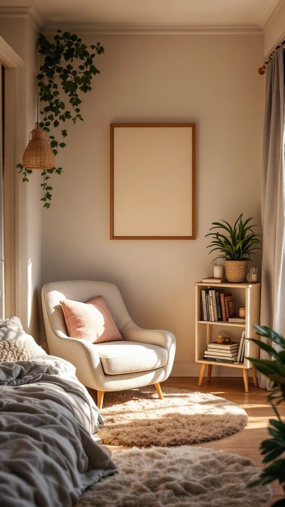 Cozy reading nook in a small bedroom with a chair and bookshelf