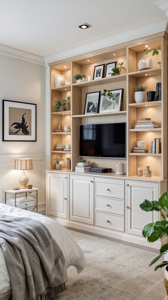 A modern small bedroom featuring a built-in wall unit with shelves, a TV, and decorative items.