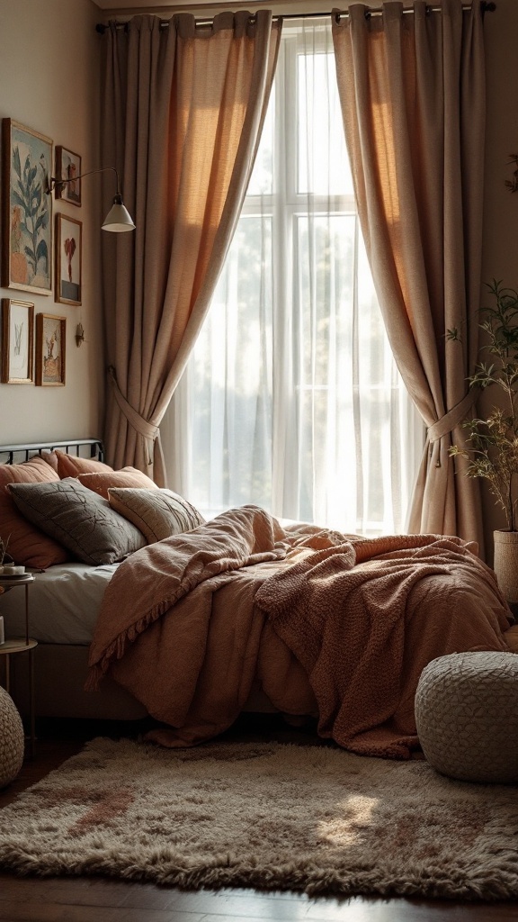 A cozy bedroom with layered textures, featuring warm-colored bedding, plush pillows, a fluffy rug, and sheer curtains.