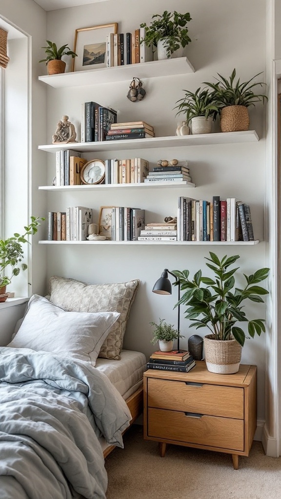 A cozy small bedroom featuring white mounted shelves filled with books and plants, a neatly made bed, and a wooden nightstand.