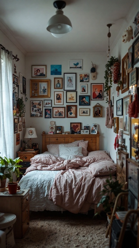 A cozy small bedroom with a gallery wall of photos and plants, featuring a bed covered with soft textiles.