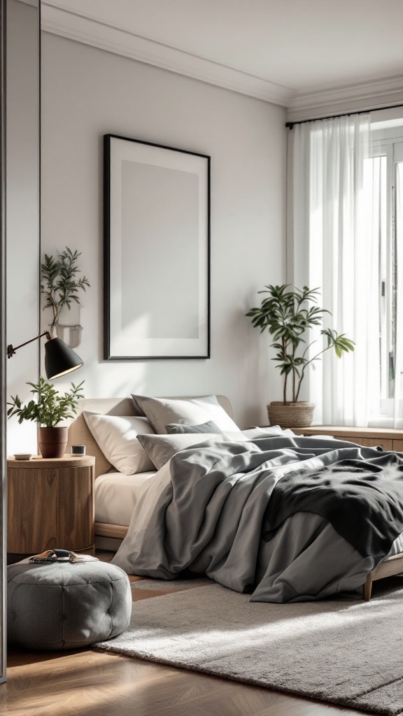 A cozy small bedroom featuring slim profile furniture including a low bed, round side table, and a pouf, complemented by plants and natural light.