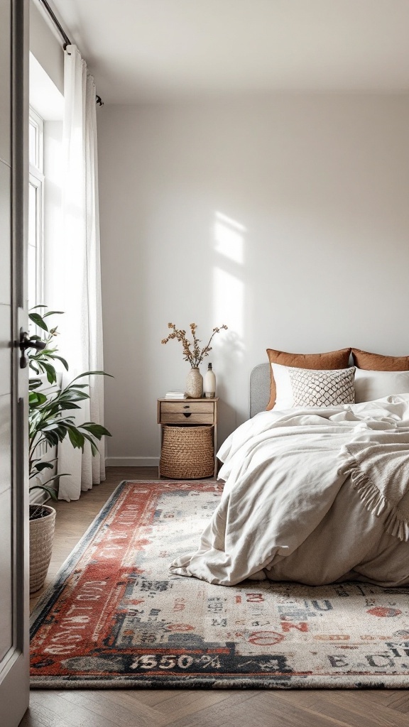 A cozy small bedroom featuring a patterned area rug, soft bedding, and natural light.