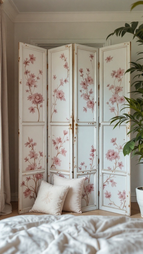 A decorative folding screen with floral designs in a cozy bedroom setting.