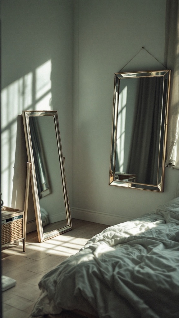 A cozy bedroom featuring two mirrors, one leaning against the wall and another hanging, reflecting soft light.