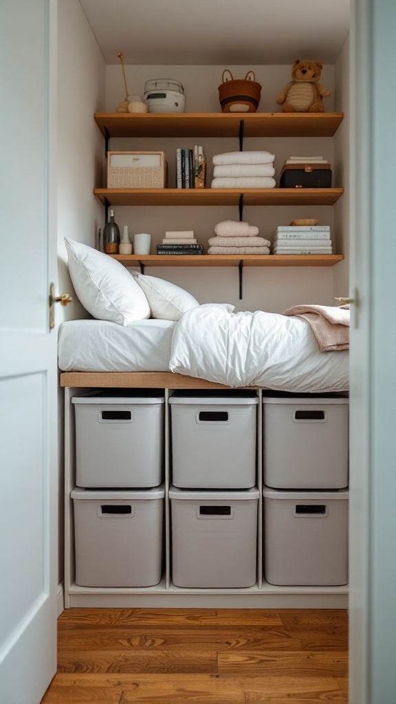 A cozy bedroom featuring under-bed storage bins and shelves filled with decorative items and linens.