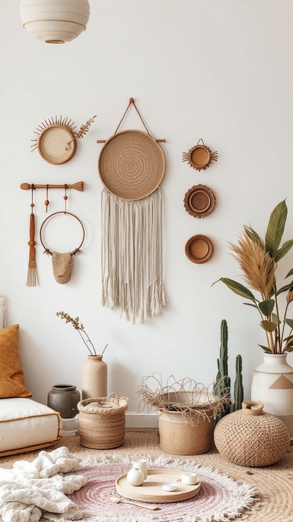 A Japandi style bedroom featuring artisan handmade decor, including woven baskets, macramé wall hangings, and natural elements.