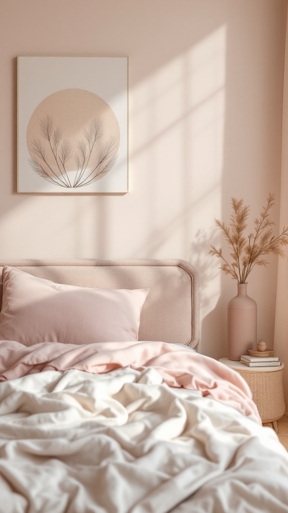 A soft and calming Japandi bedroom featuring minimalistic artwork and decor