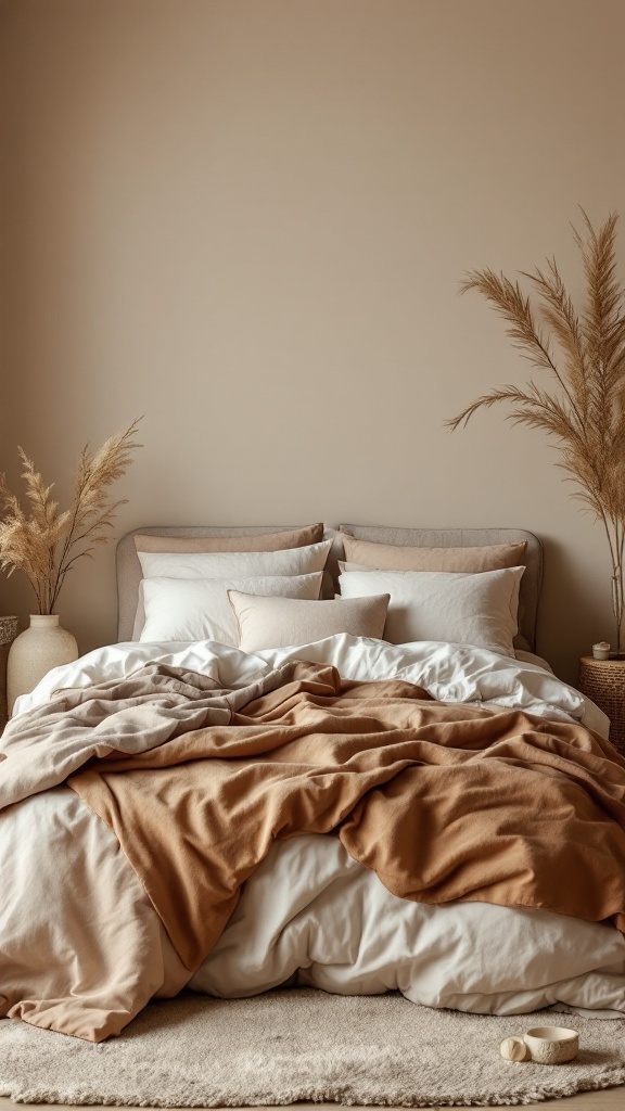 A cozy Japandi bedroom with neutral bedding and decorative elements.