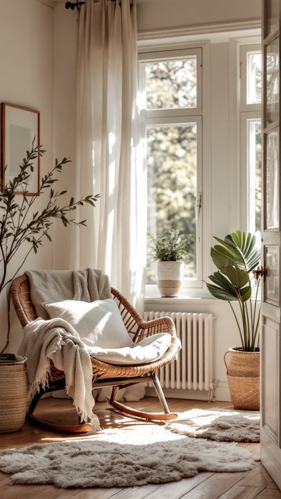 Cozy nook in a Japandi-style bedroom with a rocking chair, plants, and natural light.