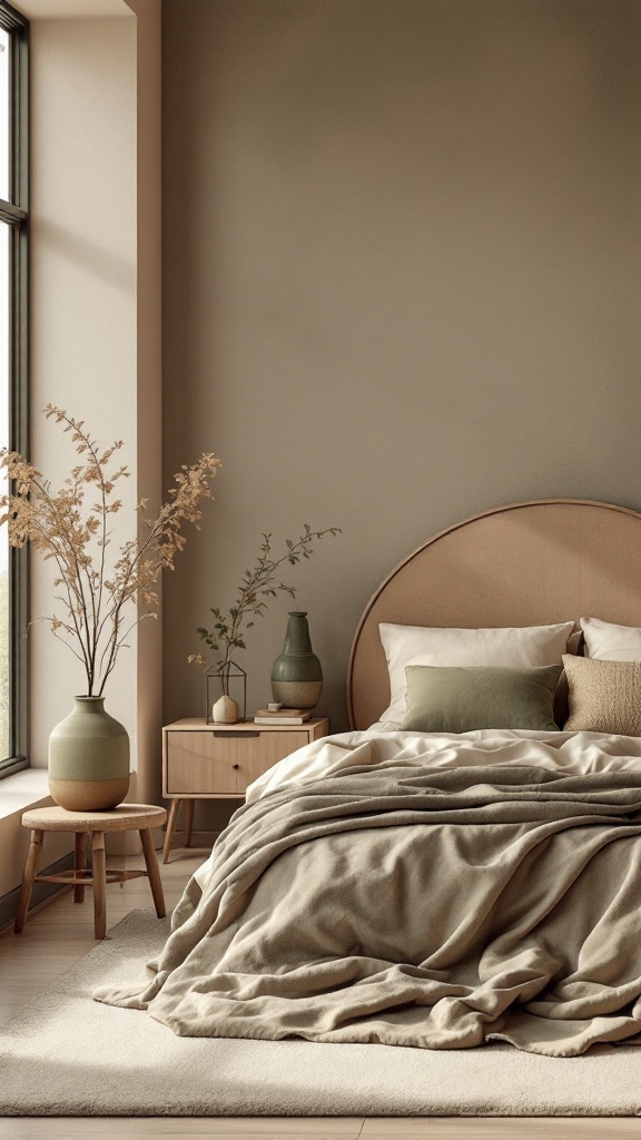 A cozy Japandi bedroom featuring earthy color palettes with neutral tones and natural decor elements.