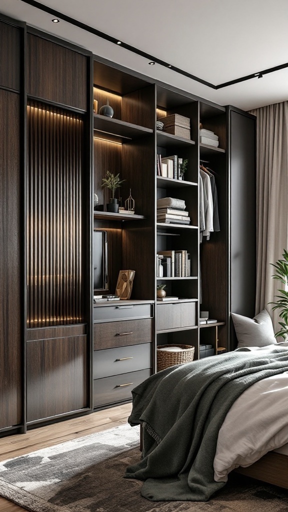 A modern Japandi bedroom with built-in storage solutions showcasing dark wood cabinetry and warm lighting.