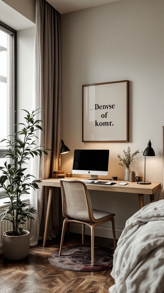 A cozy workspace in a Japandi bedroom aesthetic featuring a wooden desk, an iMac, and a potted plant, with natural light and soft textures.