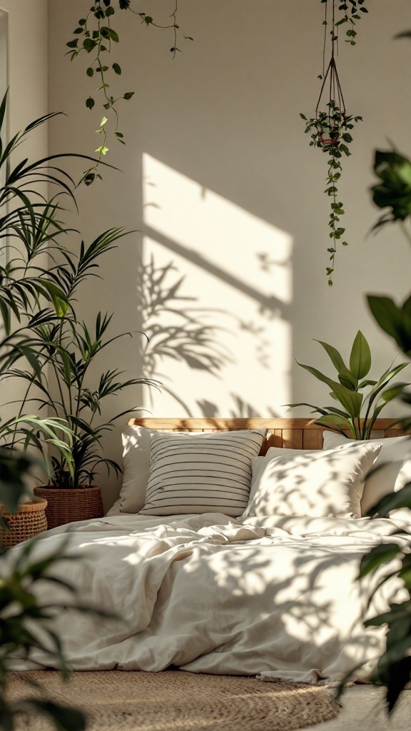 A serene Japandi bedroom with soft bedding and various indoor plants creating a peaceful atmosphere.