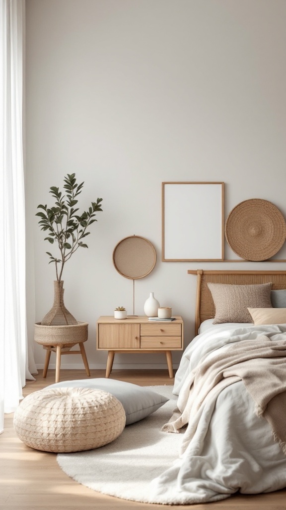 A minimalist Japandi bedroom featuring natural wood furniture, soft textiles, and indoor plants.