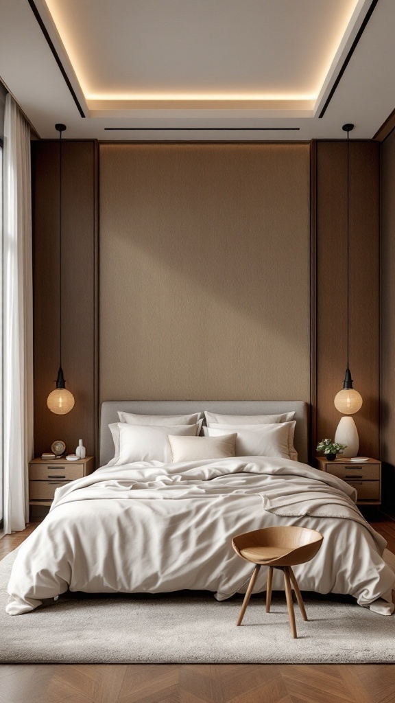 A serene Japandi bedroom featuring a cozy bed, wooden furniture, and soft lighting