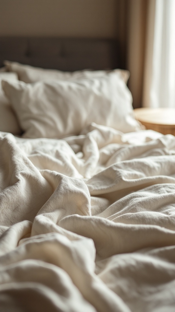 Close-up of a cozy bed with soft, neutral-toned linens and pillows