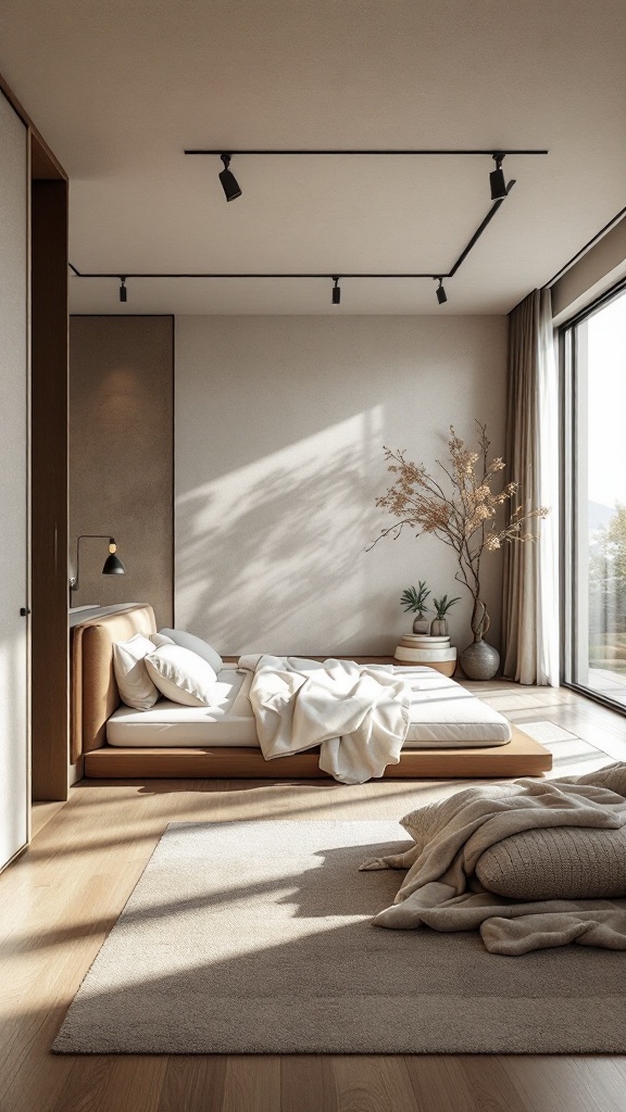 A serene Japandi bedroom featuring an open floor concept with natural light and minimalistic design.