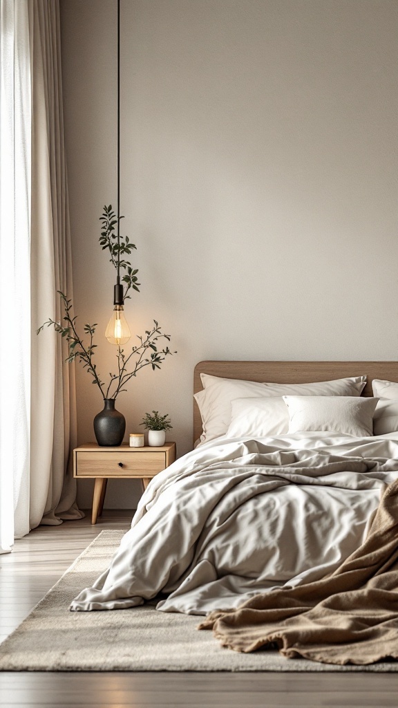 A serene Japandi bedroom with neutral bedding, wooden furniture, and a plant.