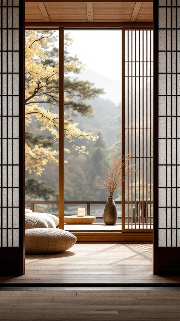 A serene bedroom with sliding shoji screens revealing a natural view outside.