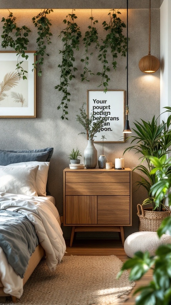 A cozy Japandi bedroom featuring a wooden bedside table, green plants, and soft textiles.