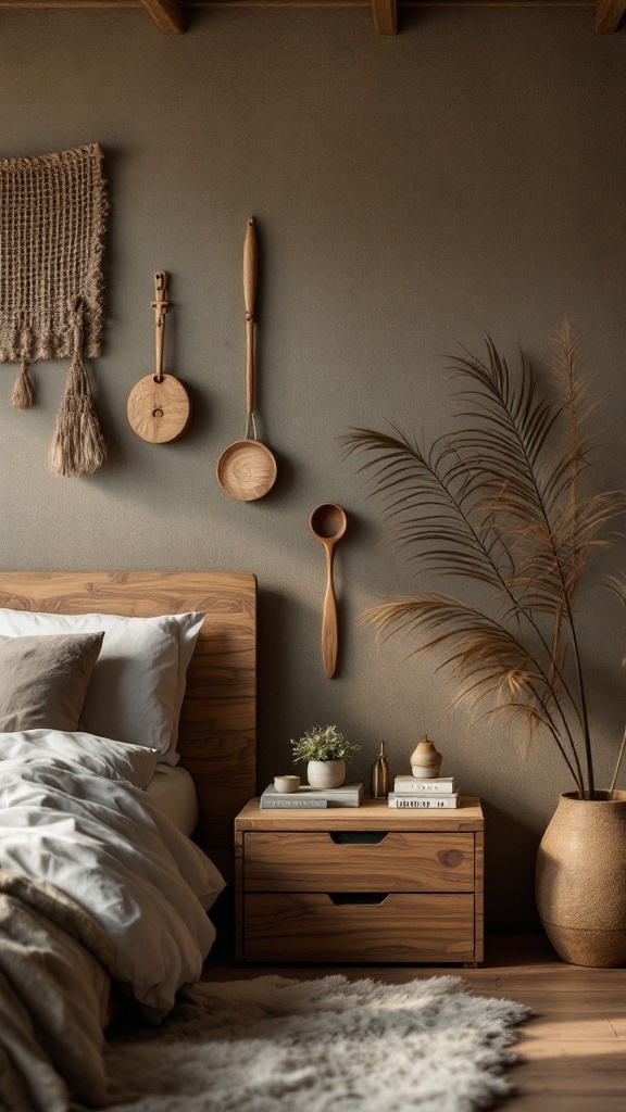 A cozy Japandi bedroom featuring wooden elements like a bed frame, nightstand, and wall decor, creating a warm and inviting atmosphere.