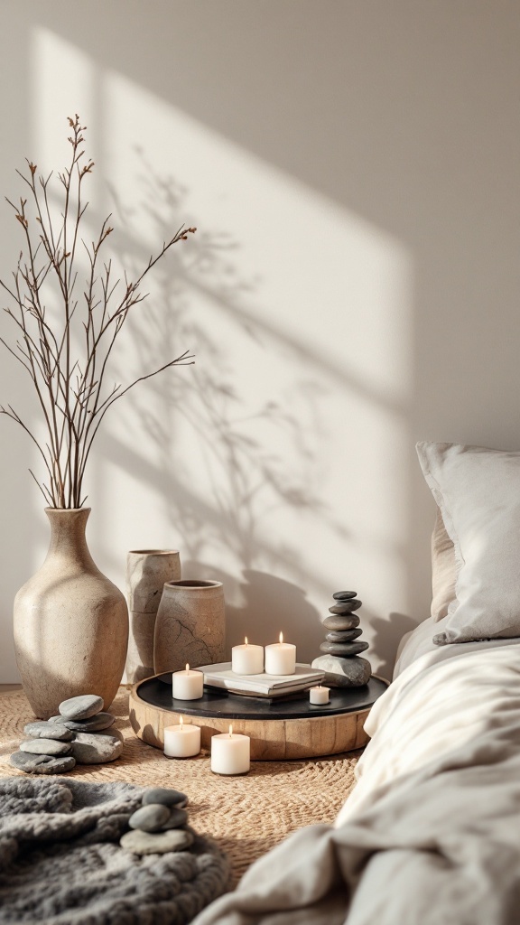 A serene Japandi bedroom setting with natural materials, candles, and decorative stones.