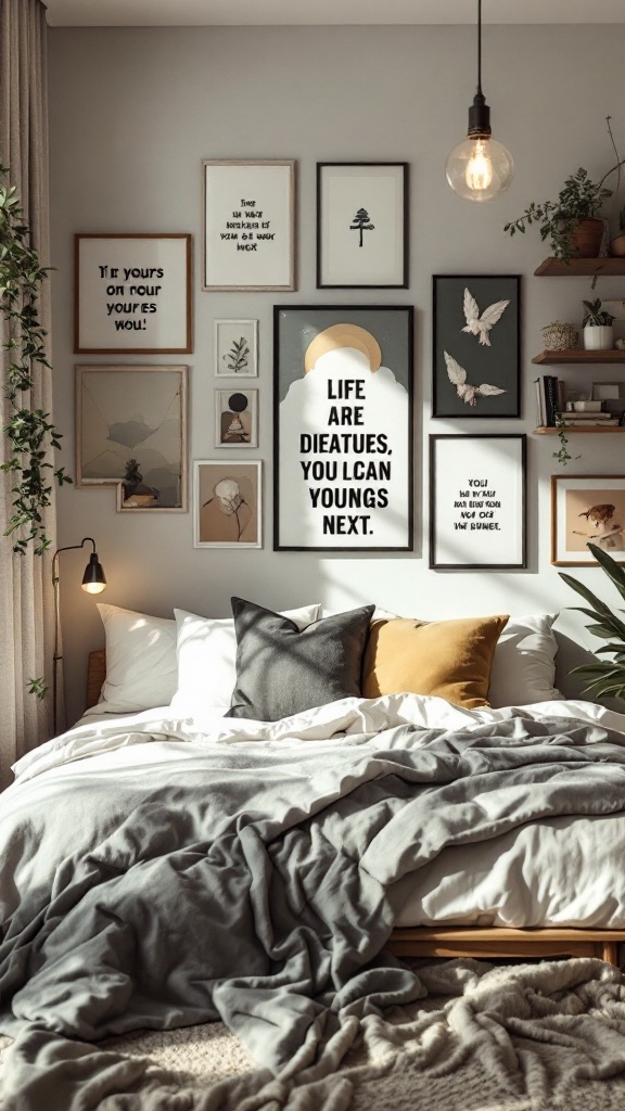 A modern bedroom featuring artistic wall decor with framed artwork and quotes.