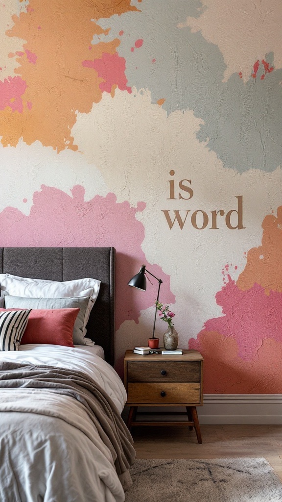 A modern bedroom featuring a colorful accent wall with soft hues and the phrase 'is word'