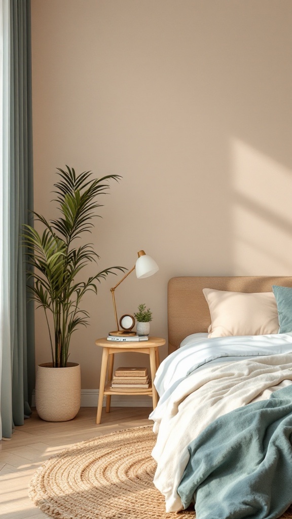 A modern bedroom with beige walls, a cozy bed with light blue and white bedding, a jute rug, a plant, and a stylish lamp.