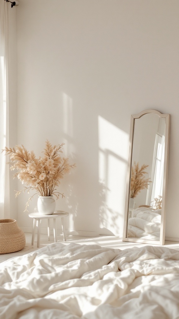 A modern bedroom featuring a tall mirror, a plant arrangement, and soft bedding, creating a serene atmosphere.