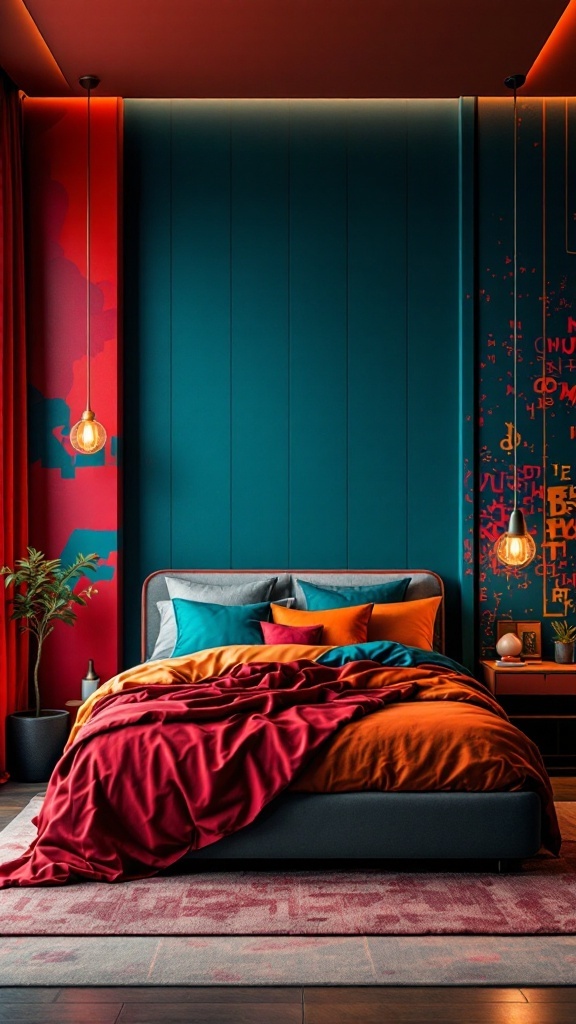 A modern bedroom with dramatic color contrasts featuring teal walls, vibrant red curtains, and a cozy bed with bright orange, blue, and burgundy bedding.