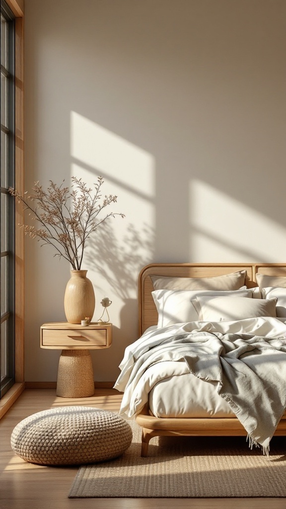 A modern bedroom featuring a wooden bed, soft bedding, a cozy pouf, and a decorative vase with dried branches, all in a natural and calming color palette.