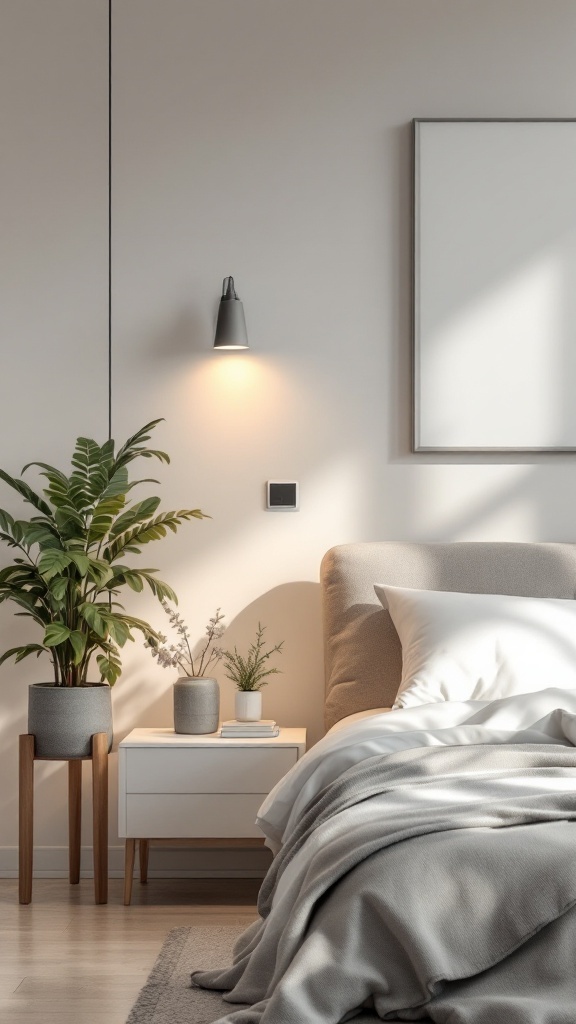 A modern bedroom featuring smart design elements with plants, soft linens, and a wall lamp.