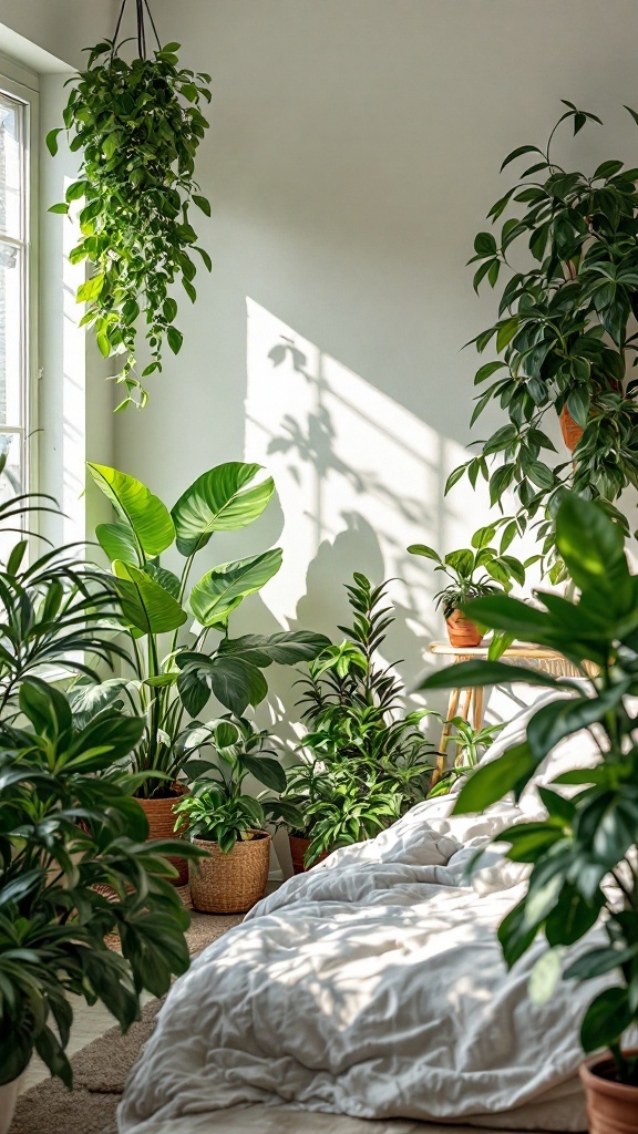 A modern bedroom filled with various indoor plants, featuring a cozy bed and natural light.