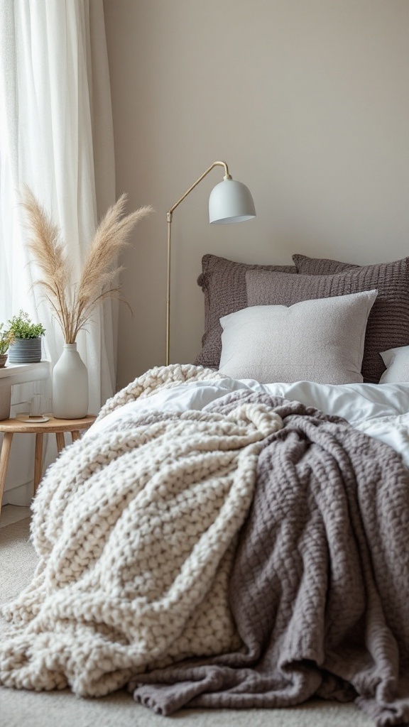 A cozy bedroom featuring layered blankets, pillows, and natural elements for a warm atmosphere.