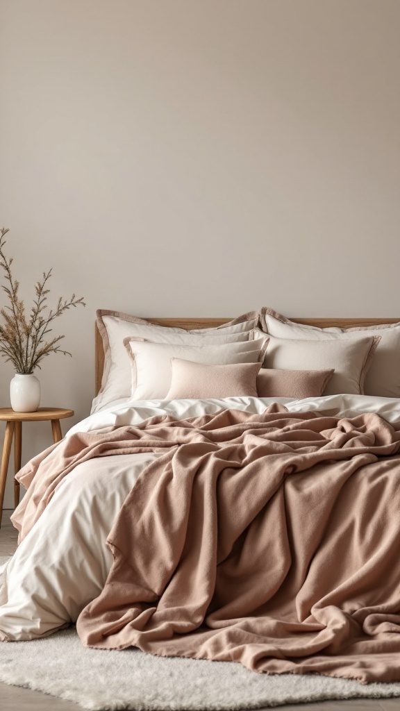 A modern bedroom featuring plush bedding with soft colors and a minimalist design.