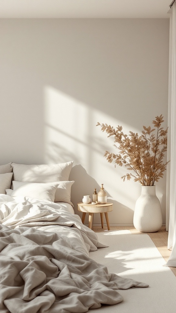 A minimalist bedroom featuring neutral tones, a cozy bed with soft pillows, a side table with decorative items, and a vase of dried flowers.