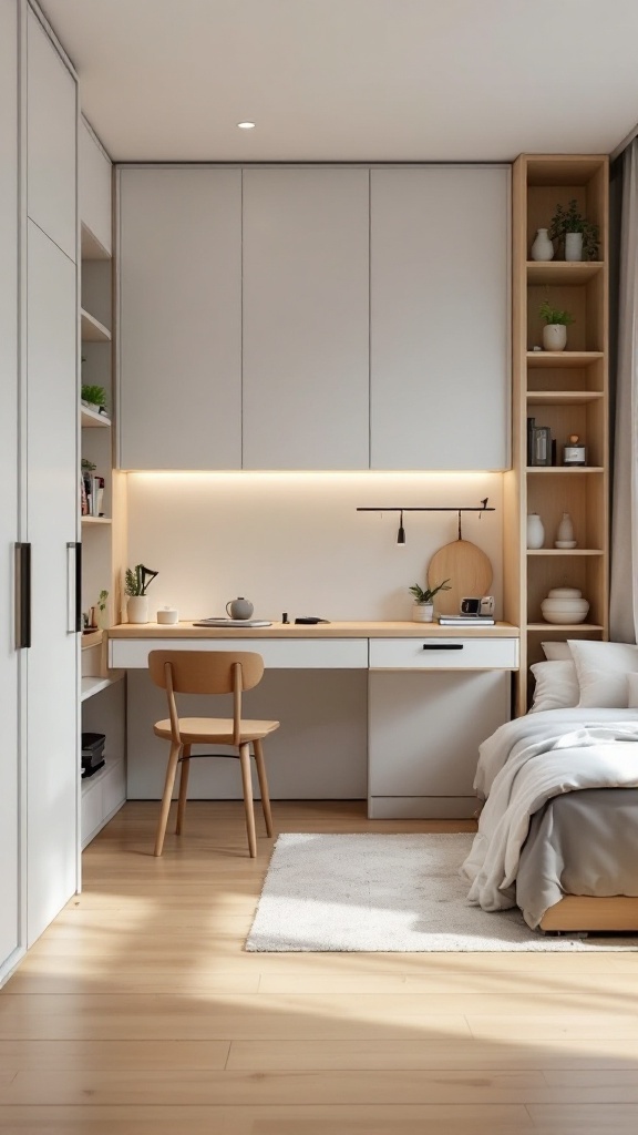 A modern small bedroom featuring multi-functional furniture, including a desk, shelving, and a cozy bed.