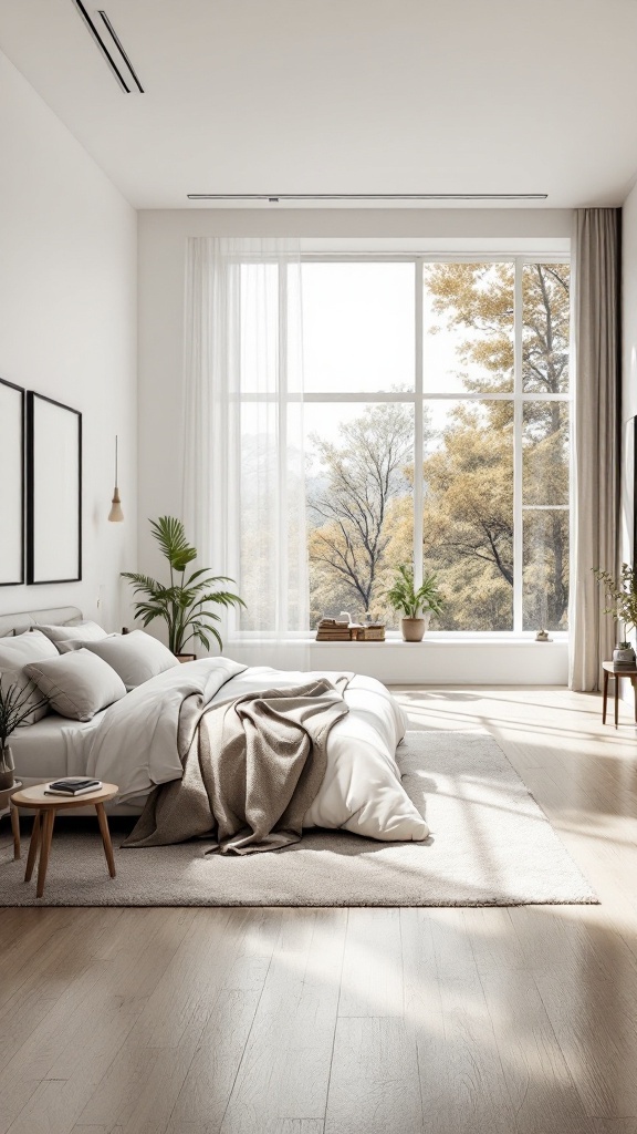 A modern bedroom with large windows, natural light, and a cozy decor