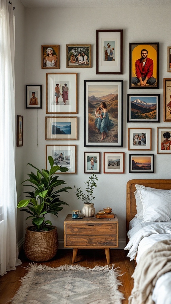 A modern bedroom featuring a gallery wall of personalized artwork, a plant, and a wooden nightstand.