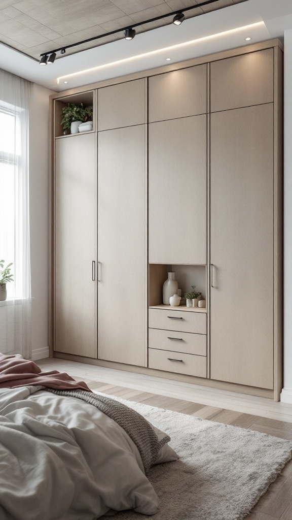 A modern bedroom with a sleek wardrobe featuring both closed and open storage, complemented by soft lighting.