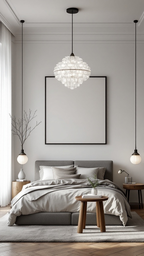 A modern bedroom featuring stylish statement lighting fixtures above the bed.