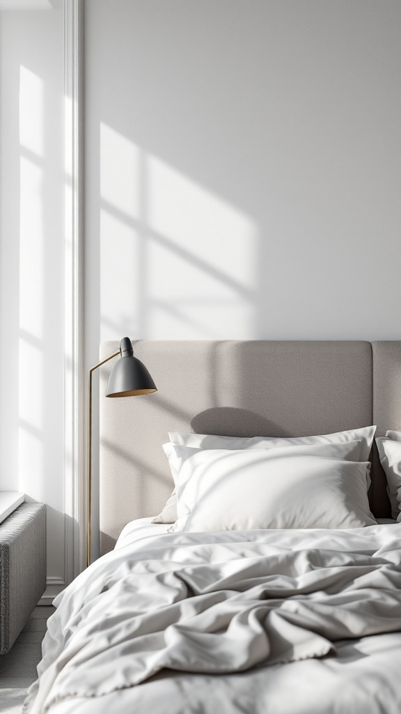 A modern bedroom featuring a simple yet stylish headboard, soft bedding, and a lamp, with natural light coming through the window.