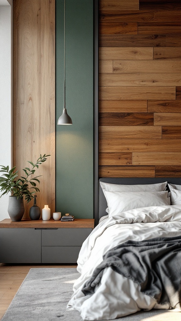 A modern bedroom with textural wall finishes featuring wood panels and a green accent wall.