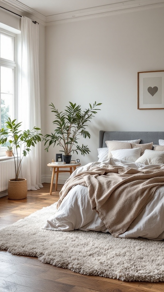 Cozy modern bedroom with a textured rug, plants, and neutral decor