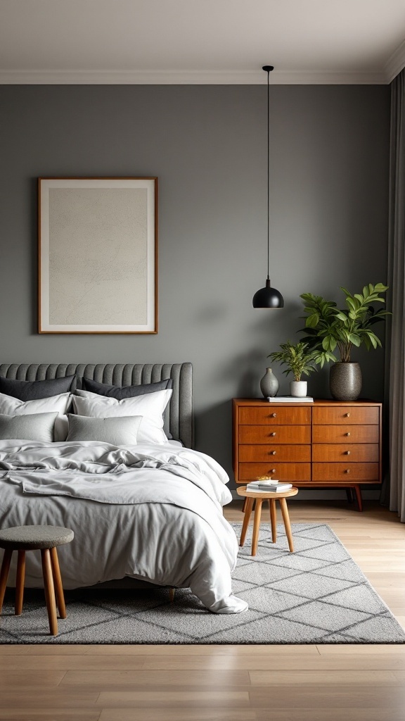 A modern bedroom featuring gray walls, a vintage wooden dresser, and soft bedding.