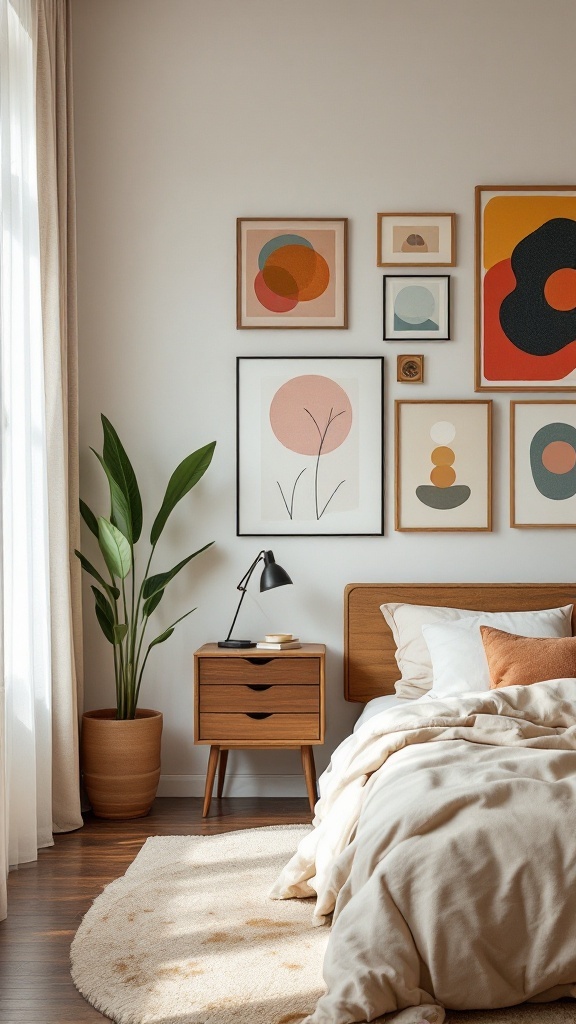 Mid-century modern bedroom with bold artwork displays, featuring geometric shapes and vibrant colors.