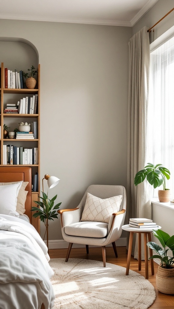 A cozy reading nook with a soft chair, bookshelf, and natural light in a mid-century modern bedroom