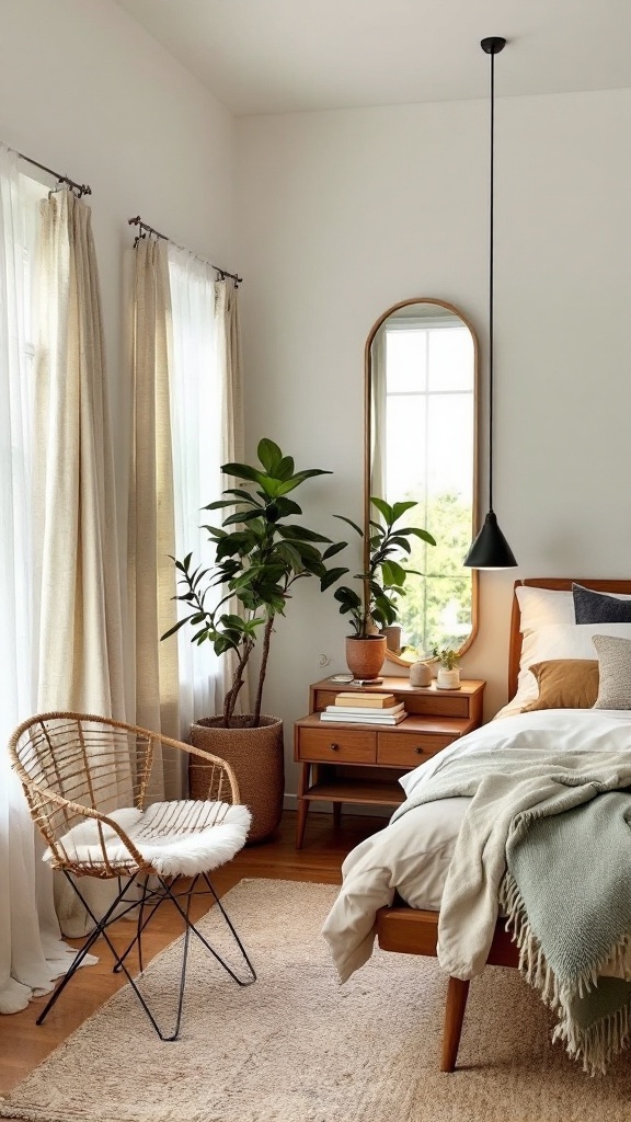 A stylish mid-century modern bedroom featuring a mirror, plants, and warm-toned decor.